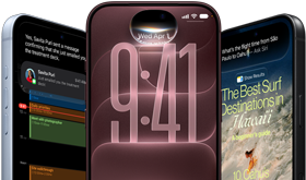 Drei iPhone 18 Pro Geräte in Polar, Burgunder und Schwarz, Vorderseite, die Displays zeigen Siri AI Integration im Sperrbildschirm, Nachrichtenzusammenfassung und Siri fragen